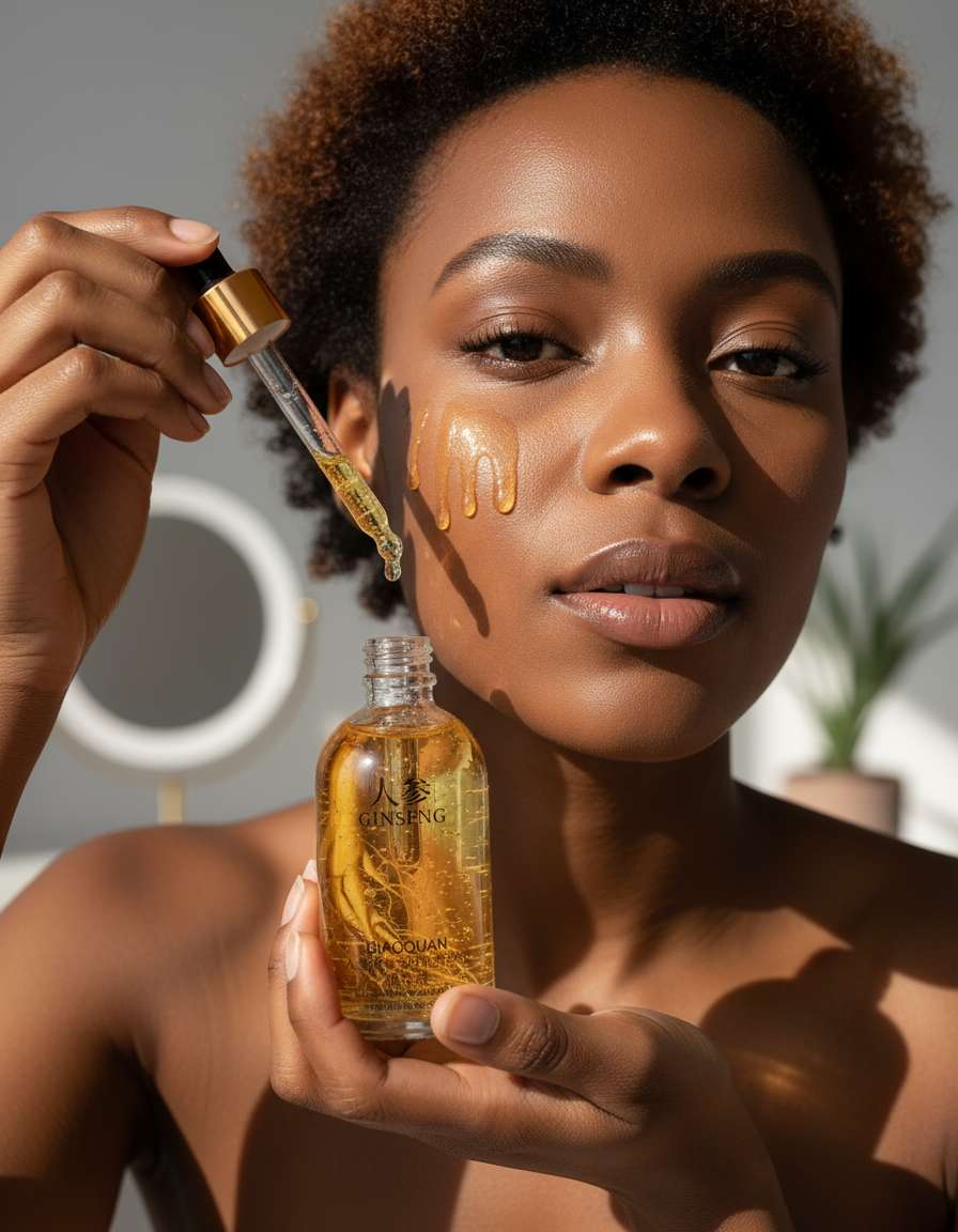 Beautiful African woman applying GinsengGlow Serum