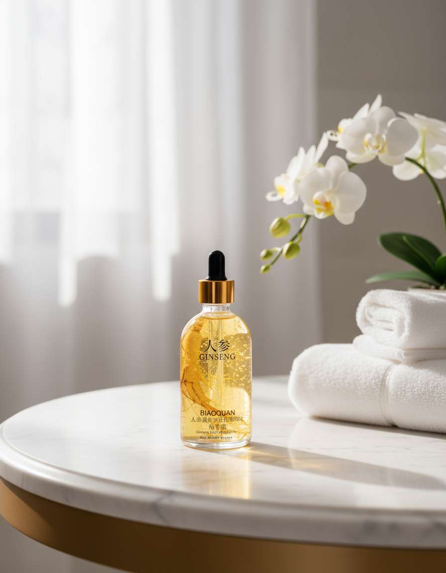 GinsengGlow Serum in luxury bathroom setting